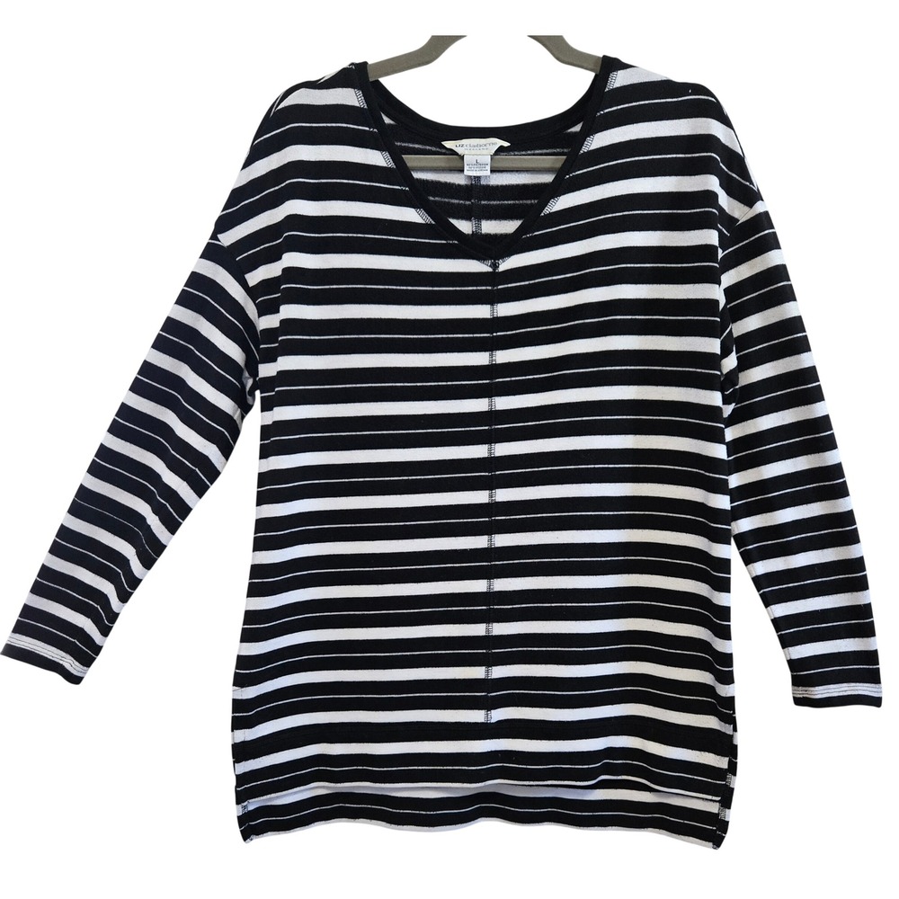 Liz Claiborne Weekend Womens L Preppy Black White Striped V-Neck Long Sleeve Top